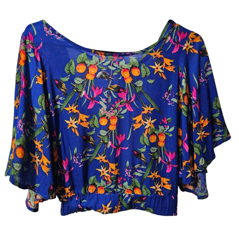 OLILI Hawaiian Floral Blue Women's Crop Top Size Small With Open Lace Trim Back